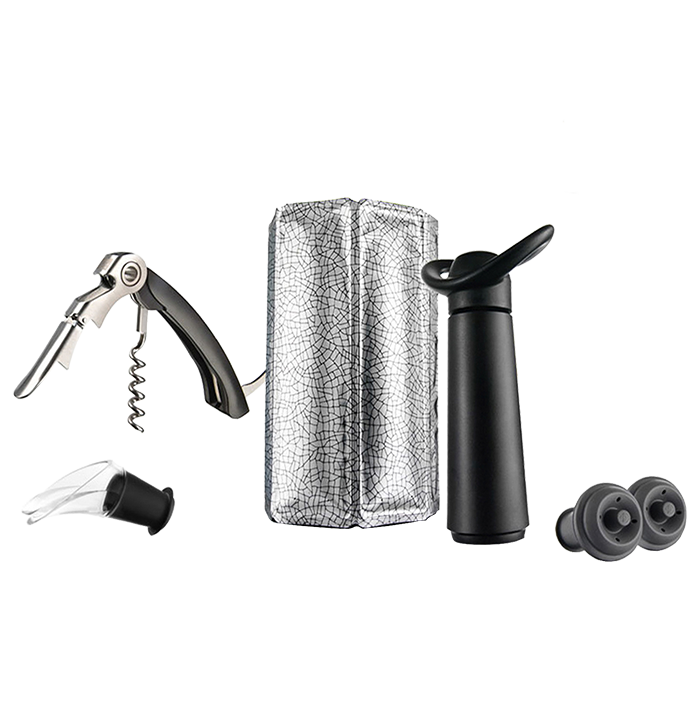 Set Vino 6 Pezzi Vacu Vin - Alles, Was Ein Echter Wine Lover Sich Wünscht, Um Den Wein Servieren Zu Können Wie Ein Authentischer Sommelier: 1 Weinbewahrungspumpe, 2 Verschlüsse, 1 Ausgießer, 1 Kühlbinde Und Ein Korkenzieher Mit Hebel. Die Marke Vacu Vin G