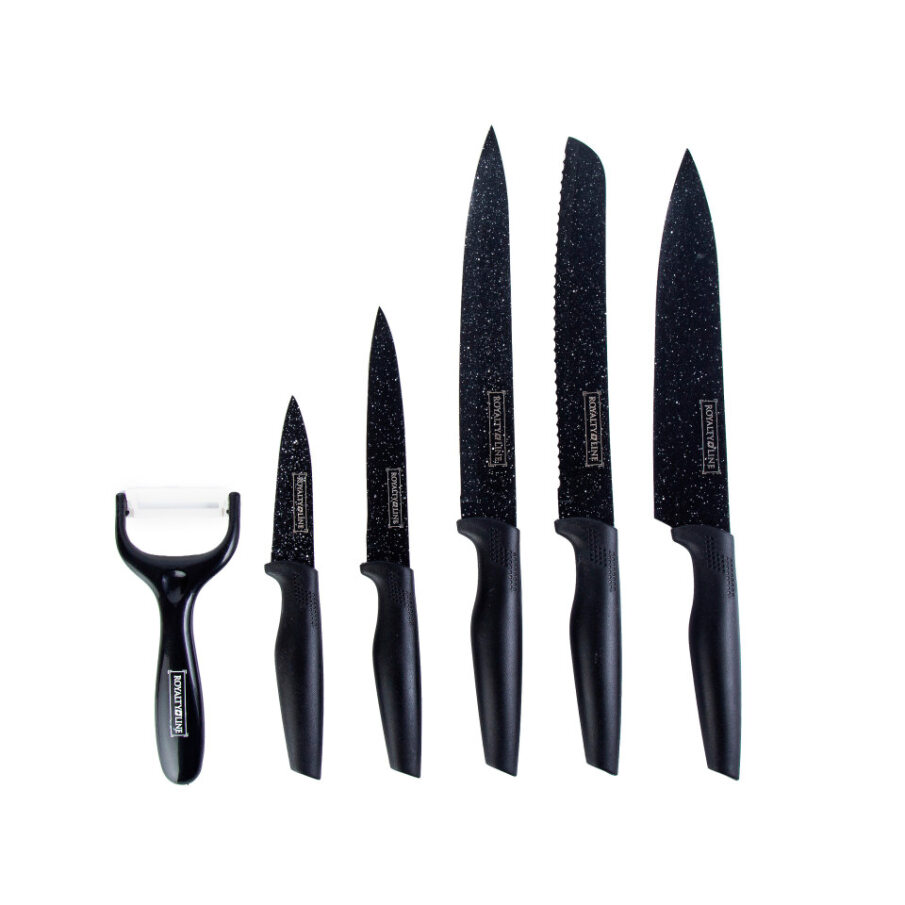 Set Coltelli 5+1 "royalty Line" - Werten Sie Ihre Küche Mit Dem Set Von Royalty Line Auf: 5 Messer + Kartoffelschäler Mit Klingen Aus Edelstahl, Die Mit Schwarzem, Marmoriertem Antihaft-stein Beschichtet Sind – Für Präzise Und Mühelose Schnitte. Vom Kochm